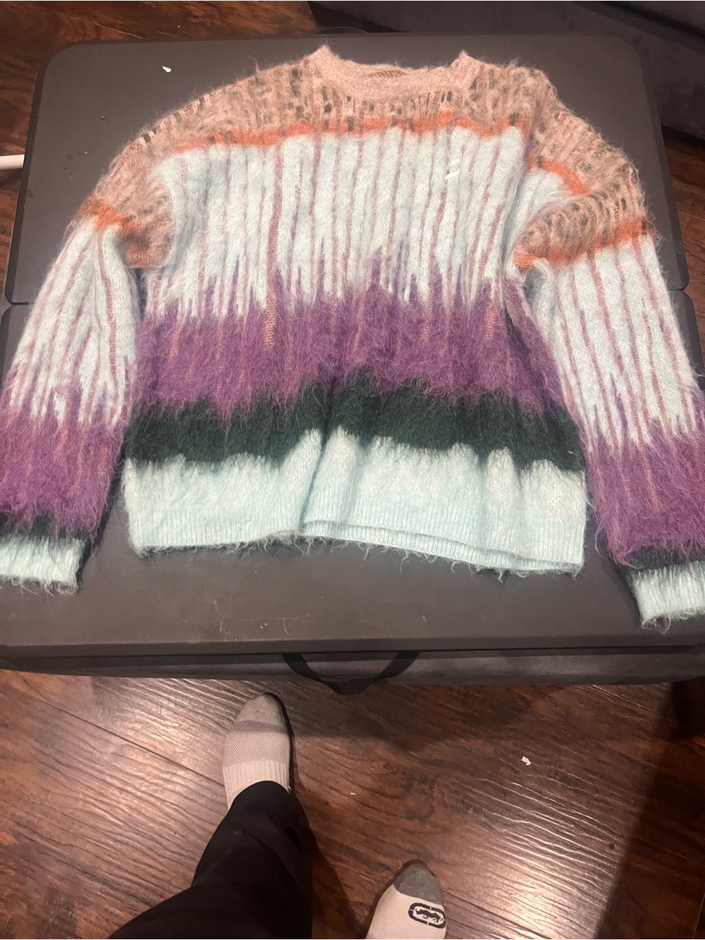 Fuzzy Striped Crewneck Sweater in Mint, Purple & Green